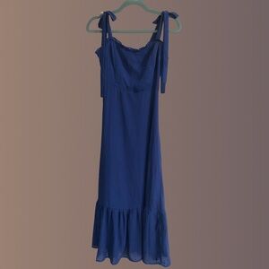 Blue Tie-Strap Ruffle-Hem Midi Dress